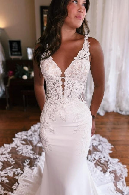 Vestidos de novia de encaje sin mangas con escote en V, estilo sirena, fabulosos, largos hasta el suelo, con apliques y corte sirena.