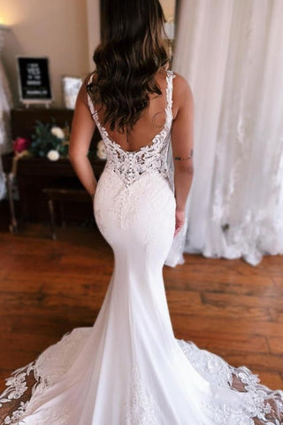 Vestidos de novia de encaje sin mangas con escote en V, estilo sirena, fabulosos, largos hasta el suelo, con apliques y corte sirena.