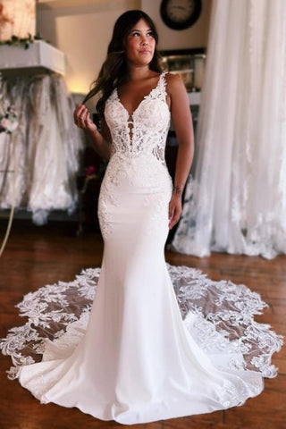 Vestidos de novia de encaje sin mangas con escote en V, estilo sirena, fabulosos, largos hasta el suelo, con apliques y corte sirena.