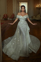 Robe de mariée sirène longue jusqu'au sol, épaules dénudées, col en V, sans manches, coupe trapèze, sequins et volants