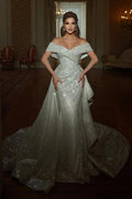 Robe de mariée sirène longue jusqu'au sol, épaules dénudées, col en V, sans manches, coupe trapèze, sequins et volants