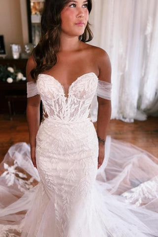 Vestidos de novia de sirena hasta el suelo, escote corazón, sin tirantes, hombros descubiertos y con apliques