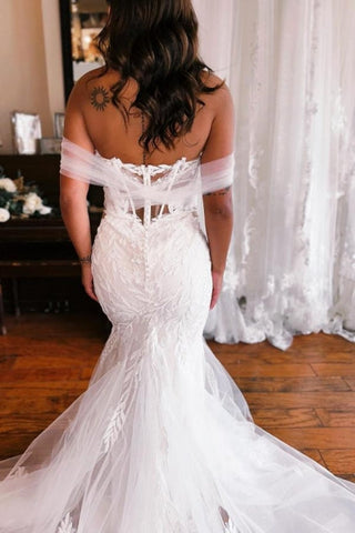 Vestidos de novia de sirena hasta el suelo, escote corazón, sin tirantes, hombros descubiertos y con apliques
