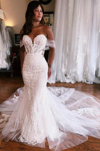 Vestidos de novia de sirena hasta el suelo, escote corazón, sin tirantes, hombros descubiertos y con apliques