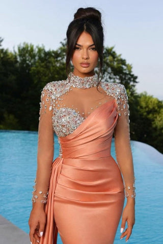Vestidos de fiesta de sirena color naranja hasta el suelo, cuello alto, escote corazón, manga larga y con cuentas