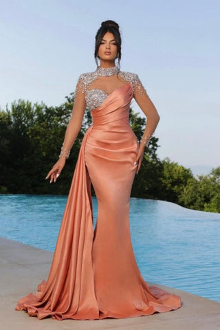 Vestidos de fiesta de sirena color naranja hasta el suelo, cuello alto, escote corazón, manga larga y con cuentas