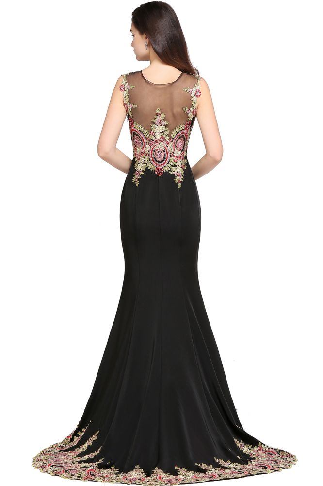 Robe de soirée noire sans manches à traîne sirène ornée d'appliqués