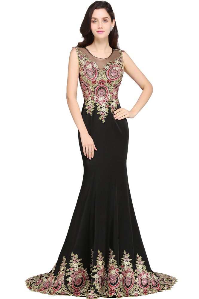 Robe de soirée noire sans manches à traîne sirène ornée d'appliqués