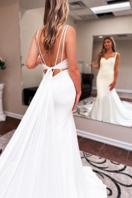 Robe de mariée sirène sans manches, longue jusqu'au sol, à décolleté cœur et volants