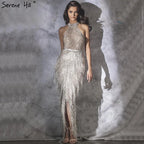 On Sale no return no refund Mermaid Tassel Luxury Halter Rhinestones Evening Dress Pageant Gown Sleeveless Mermaid Split Robe de Soiree LA60776