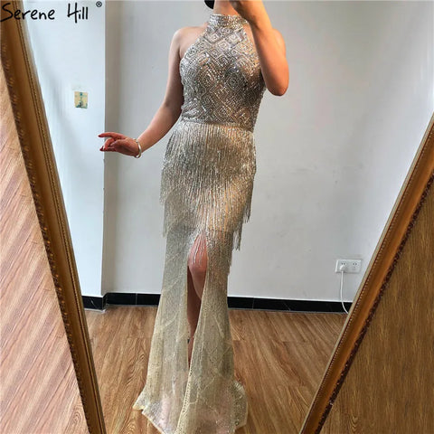 Robe de soirée sirène à franges et strass, luxueuse, col licou, sans manches, fendue, LA60776 