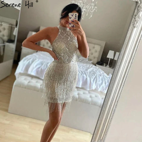 Robe de soirée sirène à franges et strass, luxueuse, col licou, sans manches, fendue, LA60776 