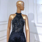 On Sale no return no refund Mermaid Tassel Luxury Halter Rhinestones Evening Dress Pageant Gown Sleeveless Mermaid Split Robe de Soiree LA60776