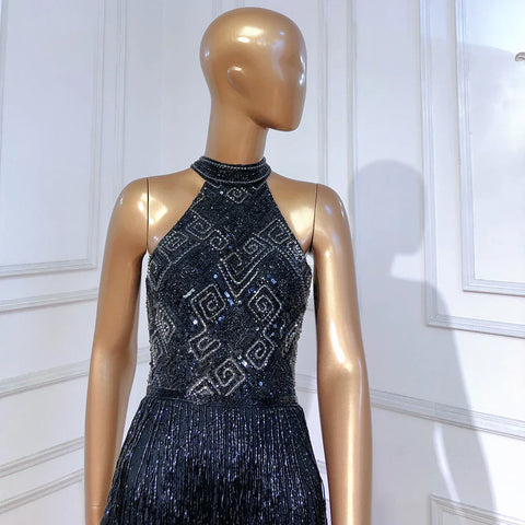 Robe de soirée sirène à franges et strass, luxueuse, col licou, sans manches, fendue, LA60776 