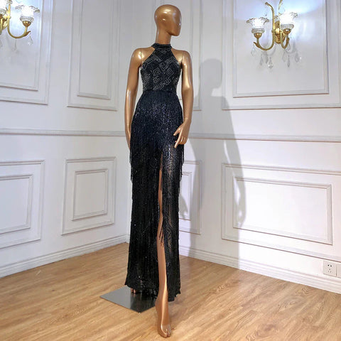 Robe de soirée sirène à franges et strass, luxueuse, col licou, sans manches, fendue, LA60776 
