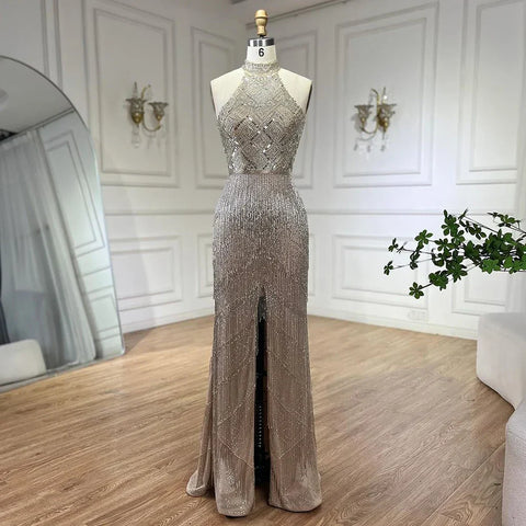 Robe de soirée sirène à franges et strass, luxueuse, col licou, sans manches, fendue, LA60776 