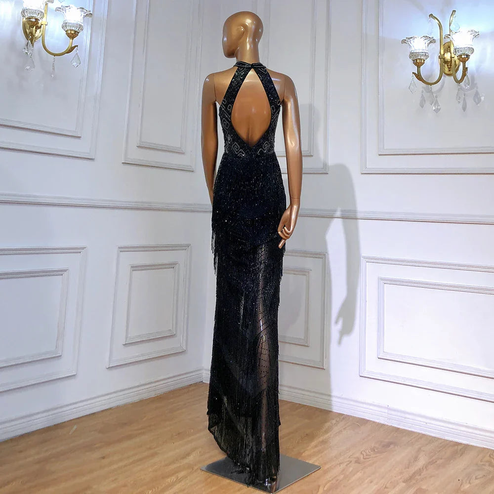 On Sale no return no refund Mermaid Tassel Luxury Halter Rhinestones Evening Dress Pageant Gown Sleeveless Mermaid Split Robe de Soiree LA60776