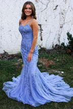 Robes de bal longues sirène dos nu en dentelle bleue, robes de soirée