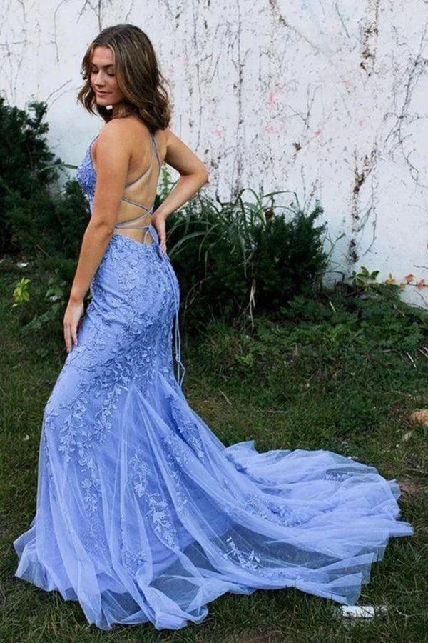 Robes de bal longues sirène dos nu en dentelle bleue, robes de soirée