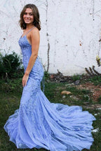 Robes de bal longues sirène dos nu en dentelle bleue, robes de soirée