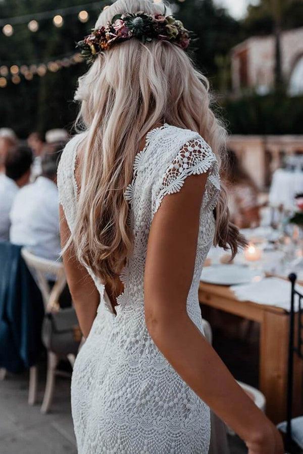 Vestido de novia bohemio estilo sirena, sin espalda, de encaje, con mangas cortas, WD435 