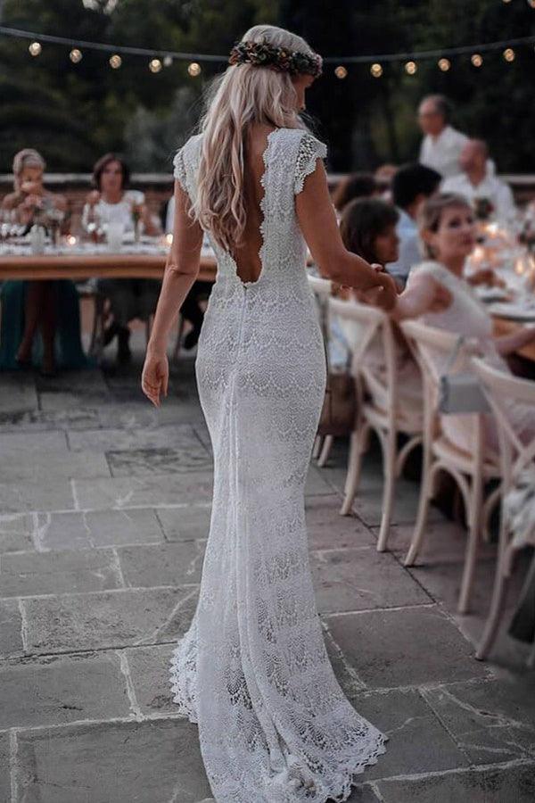 Vestido de novia bohemio estilo sirena, sin espalda, de encaje, con mangas cortas, WD435 