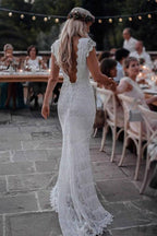Vestido de novia bohemio estilo sirena, sin espalda, de encaje, con mangas cortas, WD435 