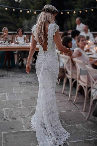 Robe de mariée bohème sirène dos nu en dentelle à manches courtes WD435 
