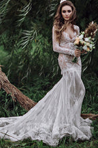 Vestidos de novia bohemios de encaje, manga larga y espalda descubierta estilo sirena WD733