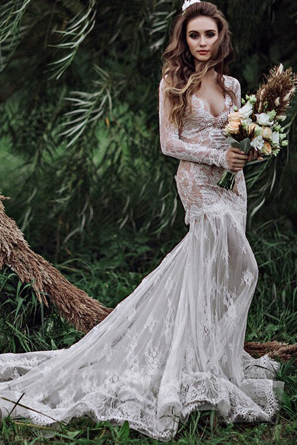 Vestidos de novia bohemios de encaje, manga larga y espalda descubierta estilo sirena WD733