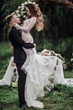 Vestidos de novia bohemios de encaje, manga larga y espalda descubierta estilo sirena WD733