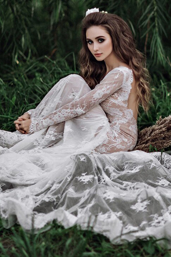 Vestidos de novia bohemios de encaje, manga larga y espalda descubierta estilo sirena WD733