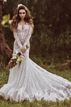 Vestidos de novia bohemios de encaje, manga larga y espalda descubierta estilo sirena WD733