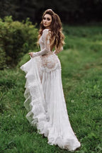 Vestidos de novia bohemios de encaje, manga larga y espalda descubierta estilo sirena WD733