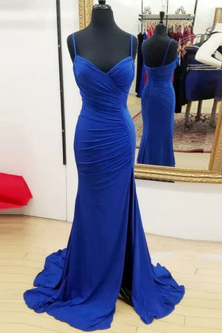 Vestidos de dama de honor estilo sirena, de gasa, con escote en V, tirantes finos y abertura. 