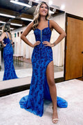Vestido largo de fiesta de sirena brillante con corsé y abertura PSK415