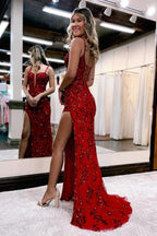 Vestido largo de fiesta de sirena brillante con corsé y abertura PSK415