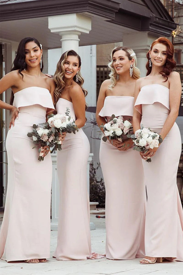 Robe de demoiselle d'honneur rose sirène sans bretelles, longueur au sol BD134