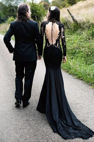 Robe de mariée sirène noire à fleurs, manches longues, modèle WD742