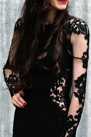 Robe de mariée sirène noire à fleurs, manches longues, modèle WD742