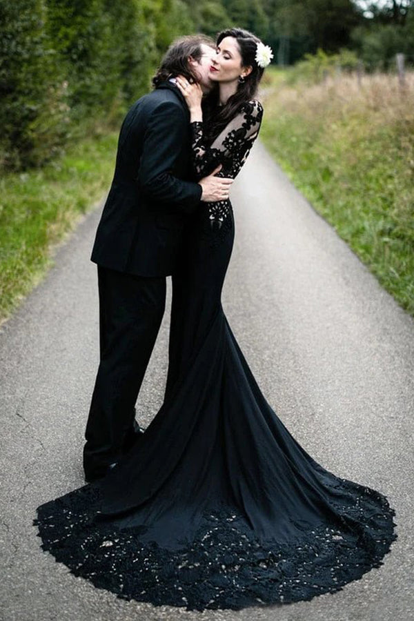 Robe de mariée sirène noire à fleurs, manches longues, modèle WD742