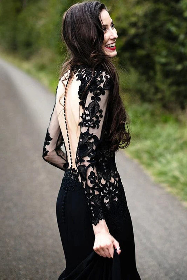 Robe de mariée sirène noire à fleurs, manches longues, modèle WD742