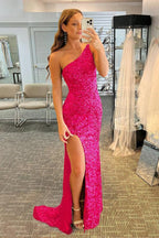 Vestido de fiesta de sirena con lentejuelas, un solo hombro y espalda descubierta