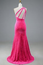 Vestido de fiesta de sirena con lentejuelas, un solo hombro y espalda descubierta