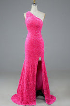 Vestido de fiesta de sirena con lentejuelas, un solo hombro y espalda descubierta