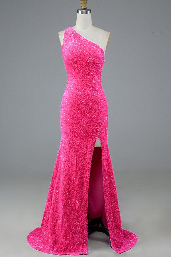 Vestido de fiesta de sirena con lentejuelas, un solo hombro y espalda descubierta