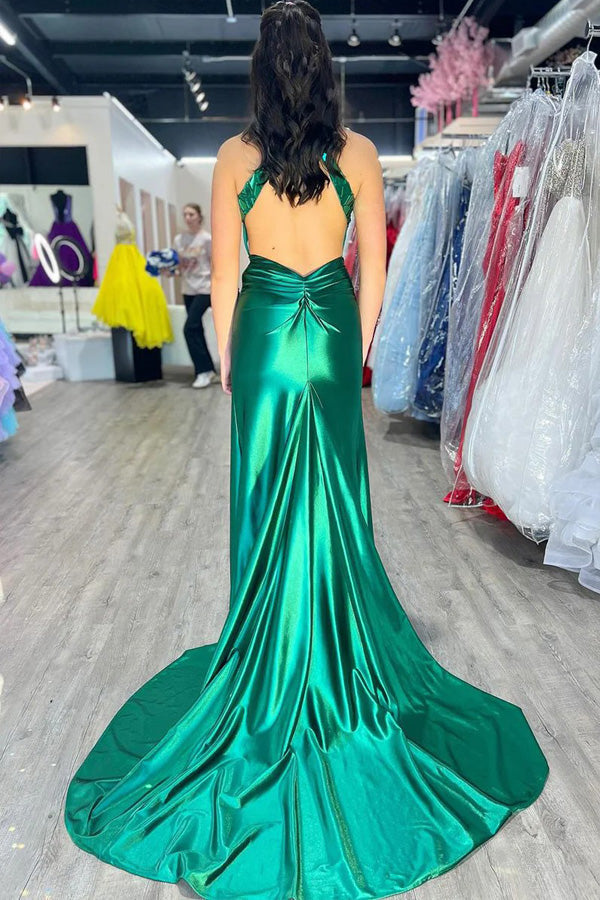 Mermaid Halter Satin Dark Green Long Prom Dress with Beads