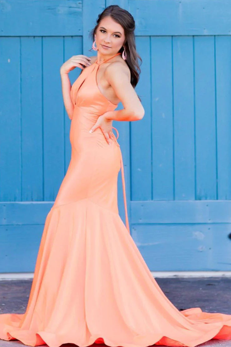 Vestido largo de fiesta naranja con escote halter estilo sirena SYP153