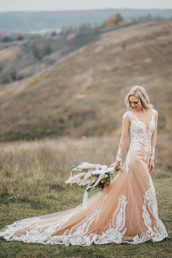 Vestidos de novia bohemios de sirena con mangas largas y apliques WD696