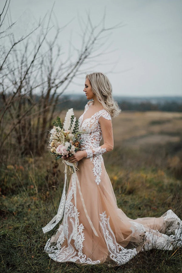 Vestidos de novia bohemios de sirena con mangas largas y apliques WD696